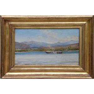 Léopoldo Burlando "le Lac De Côme" Huile Sur Panneau 18x31